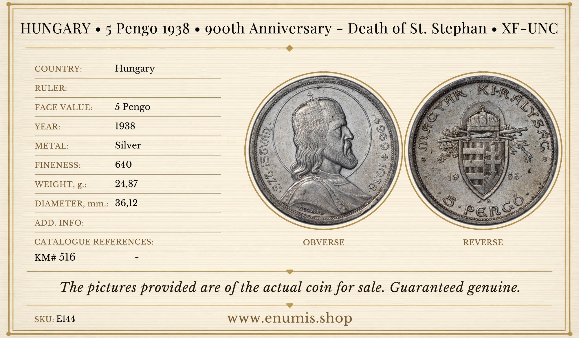HUNGARY, 5 Pengo 1938, 900th Anniversary - Death of St. Stephan, XF-UNC HUNGARY, 5 Pengo 1938, 900th Anniversary - Death of St. Stephan, XF-UNC