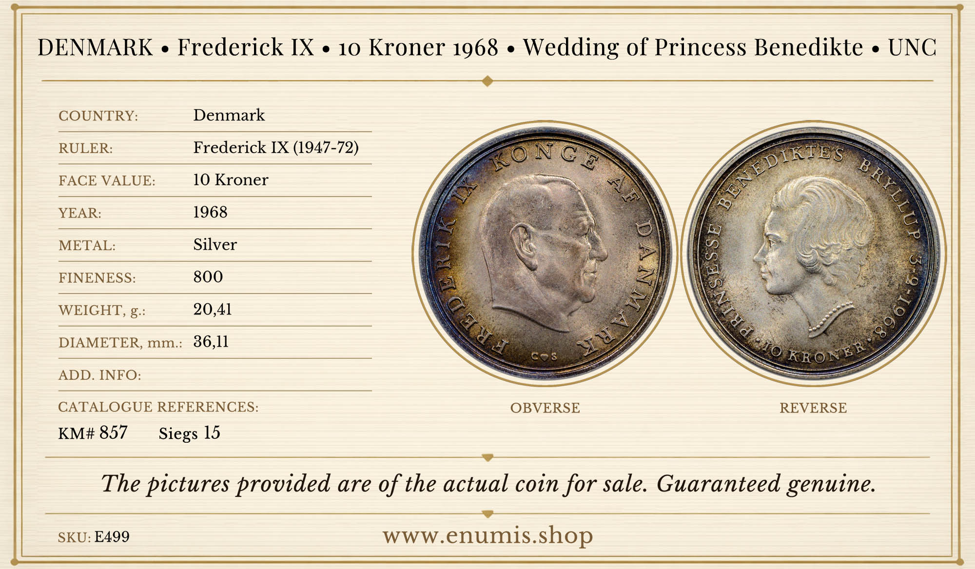 DENMARK, Frederick IX, 10 Kroner 1968, Wedding of Princess Benedikte, UNC