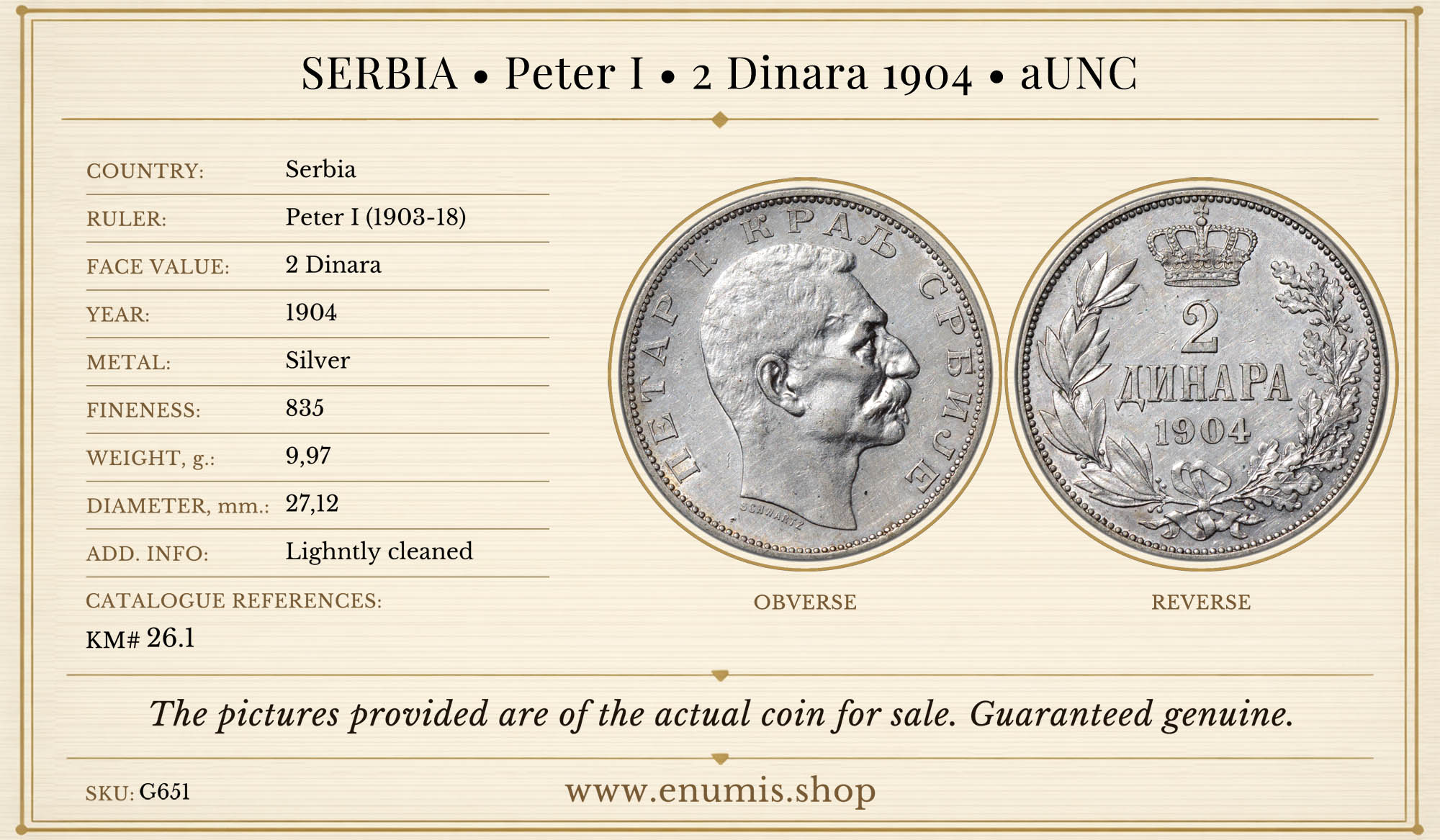 SERBIA, Peter I, 2 Dinara 1904, aUNC