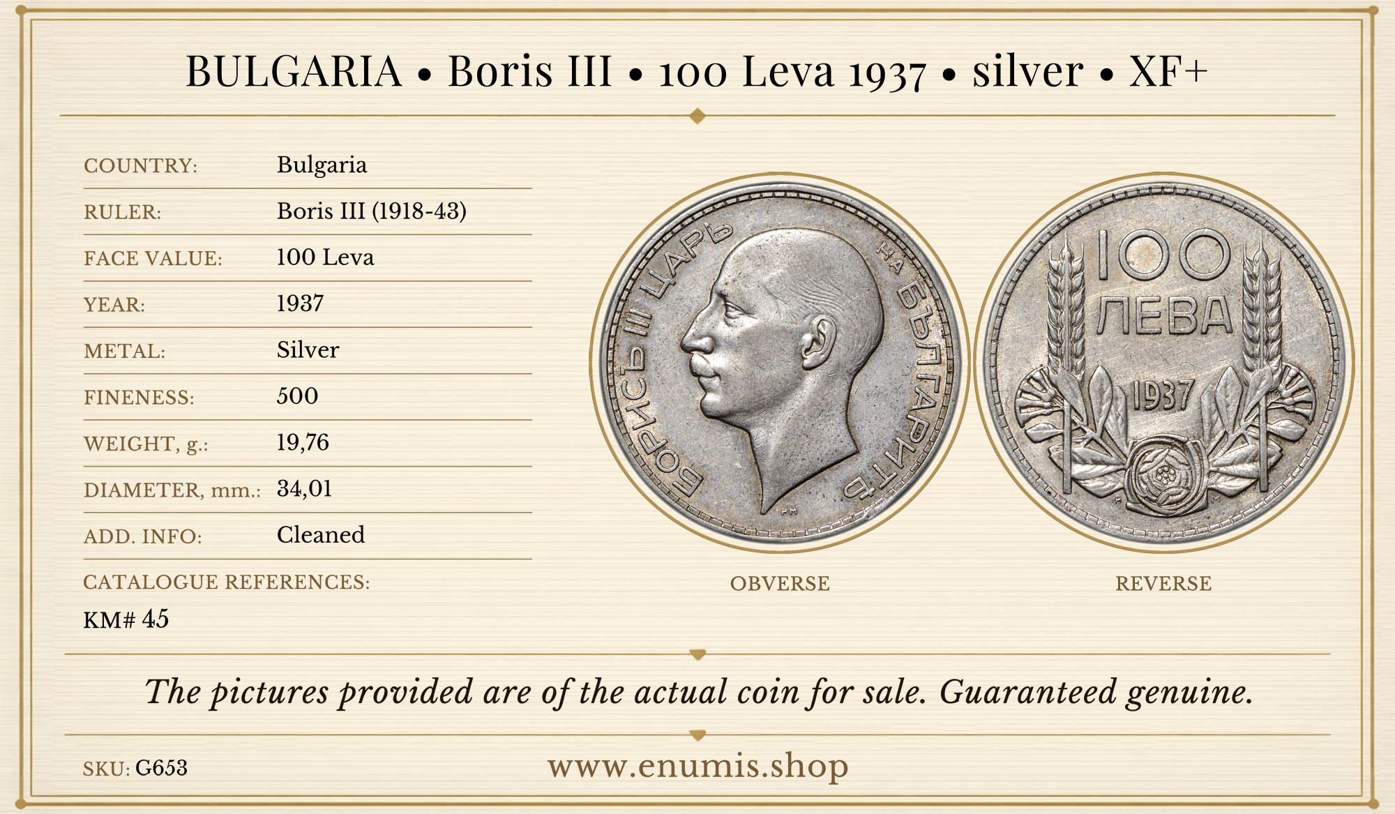 BULGARIA, Boris III, 100 Leva 1937, silver, XF+