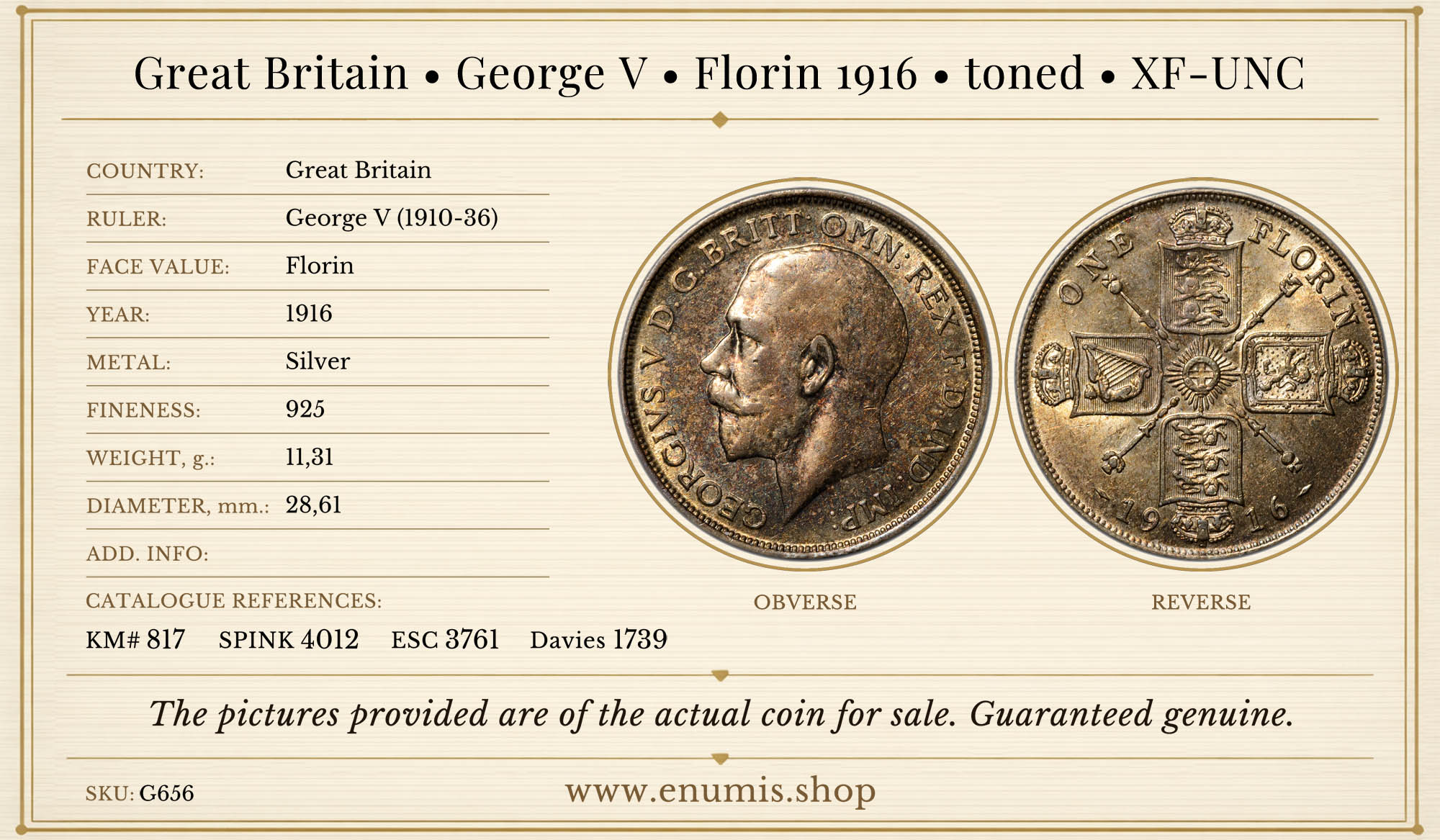 Great Britain, George V, Florin 1916, toned, XF-UNC Great Britain, George V, Florin 1916, toned, XF-UNC