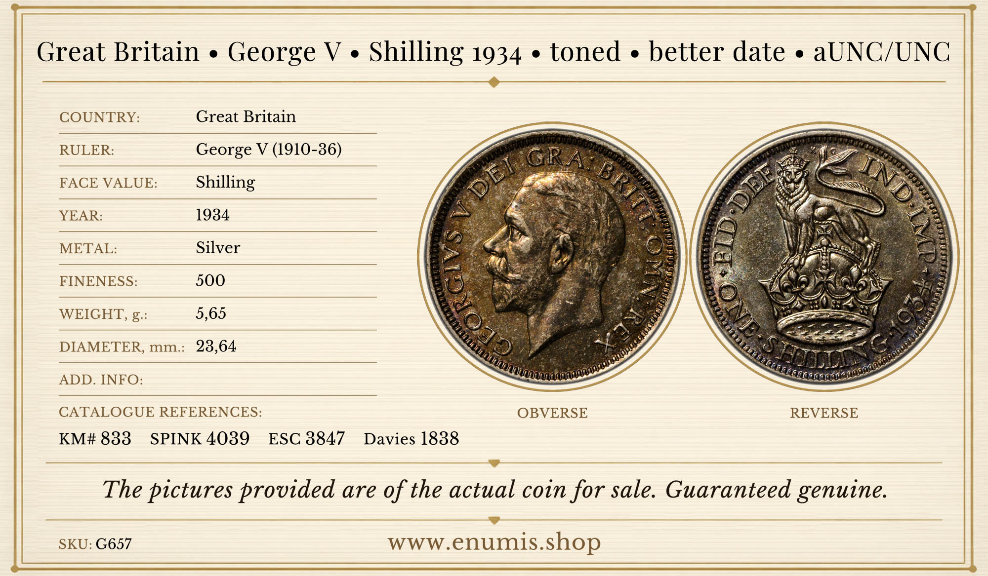 Great Britain, George V, Shilling 1934, toned, better date, aUNC/UNC Great Britain, George V, Shilling 1934, toned, better date, aUNC/UNC