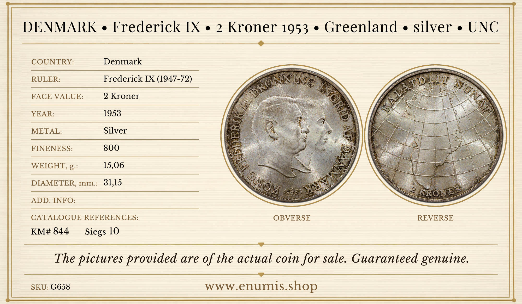DENMARK, Frederick IX, 2 Kroner 1953, Greenland, silver, UNC