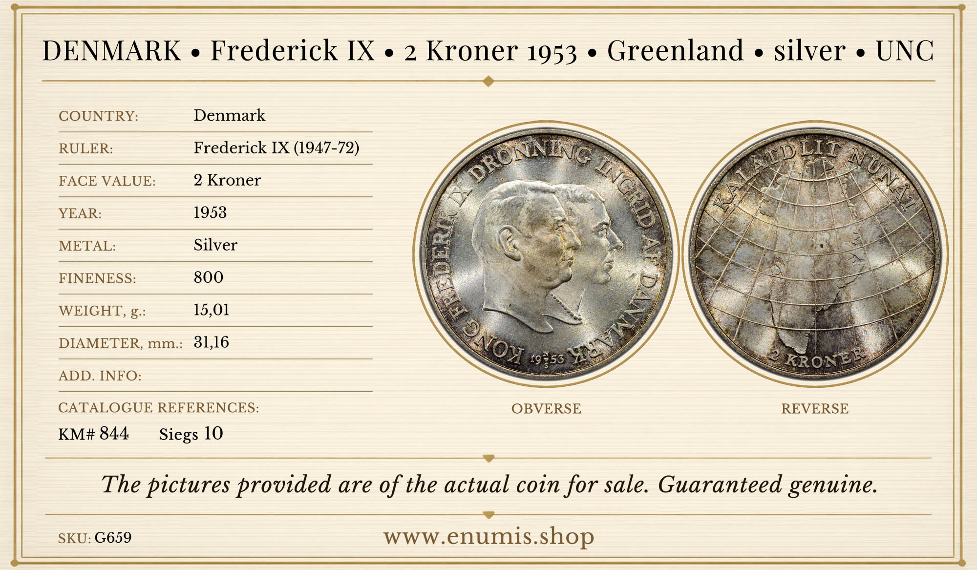 DENMARK, Frederick IX, 2 Kroner 1953, Greenland, silver, UNC DENMARK, Frederick IX, 2 Kroner 1953, Greenland, silver, UNC