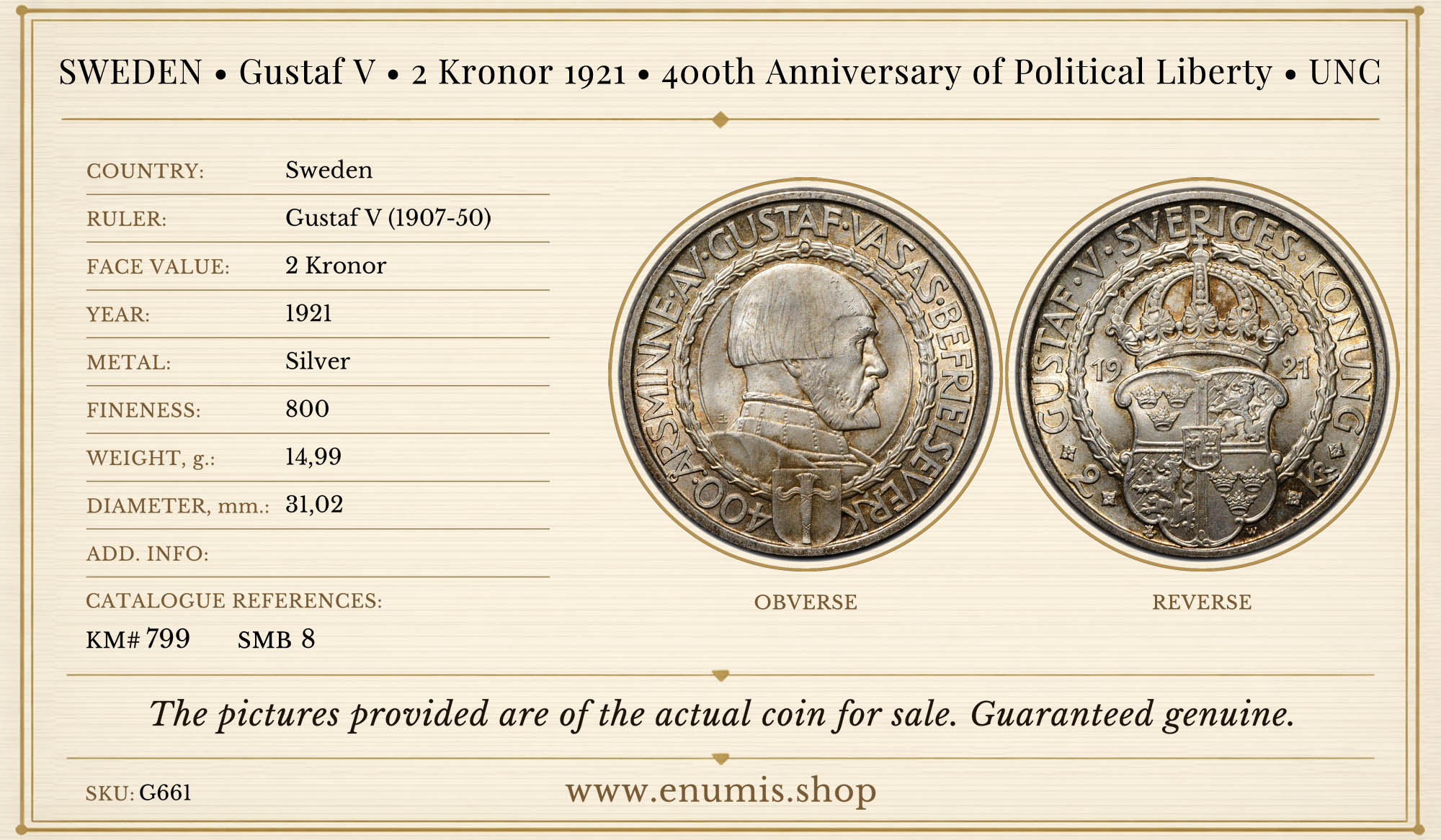 SWEDEN, Gustaf V, 2 Kronor 1921, 400th Anniversary of Political Liberty, UNC