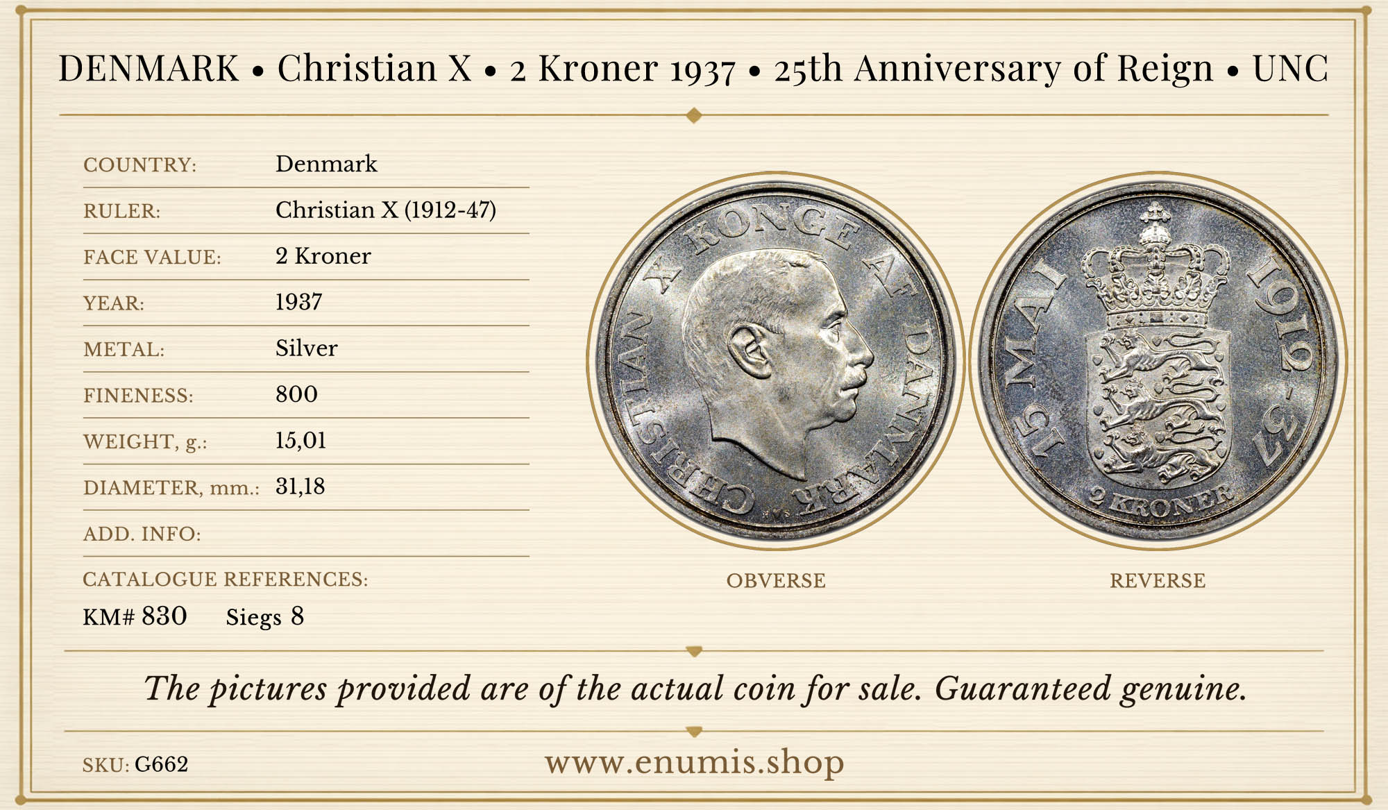DENMARK, Christian X, 2 Kroner 1937, 25th Anniversary of Reign, UNC