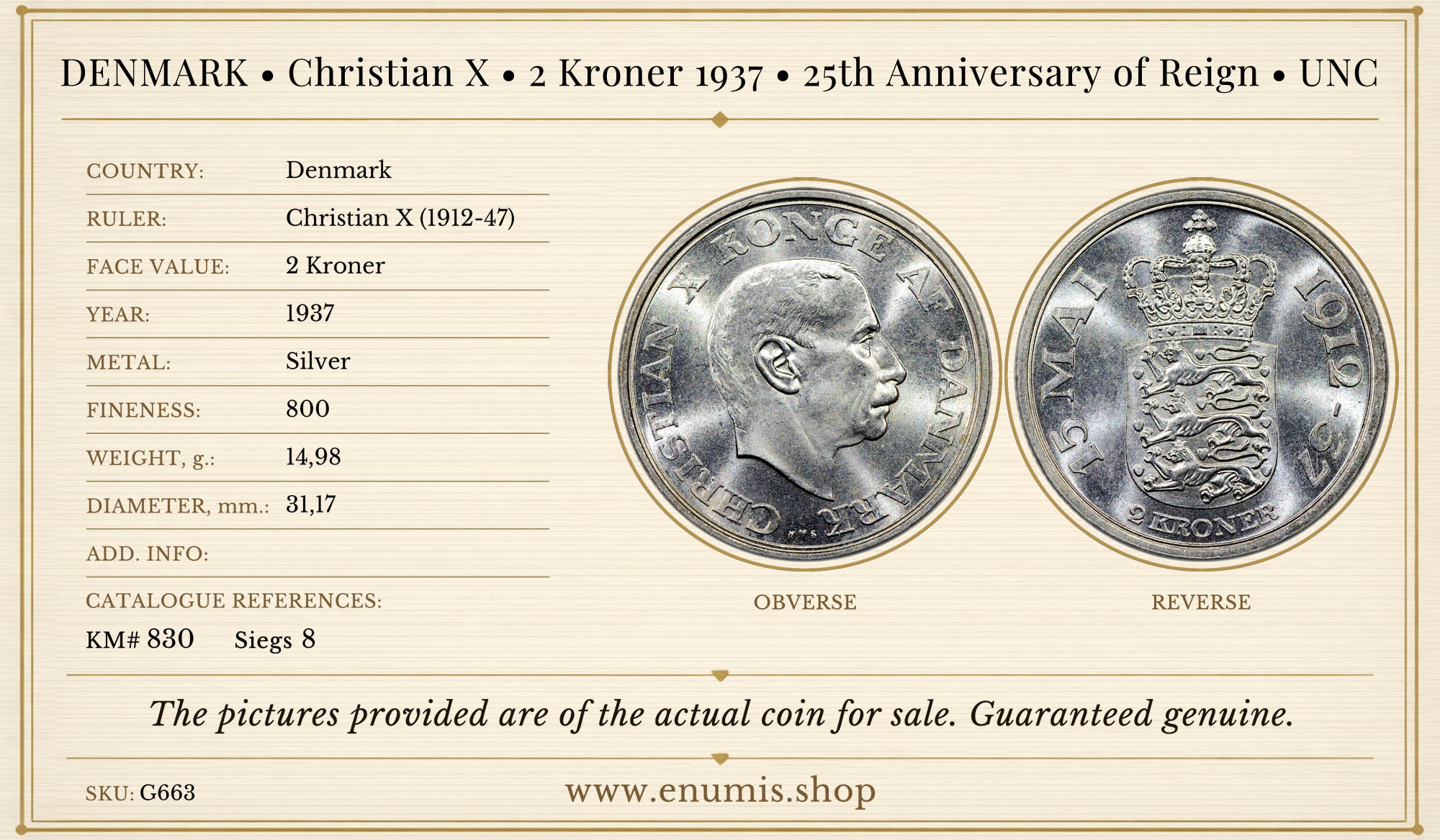 DENMARK, Christian X, 2 Kroner 1937, 25th Anniversary of Reign, UNC