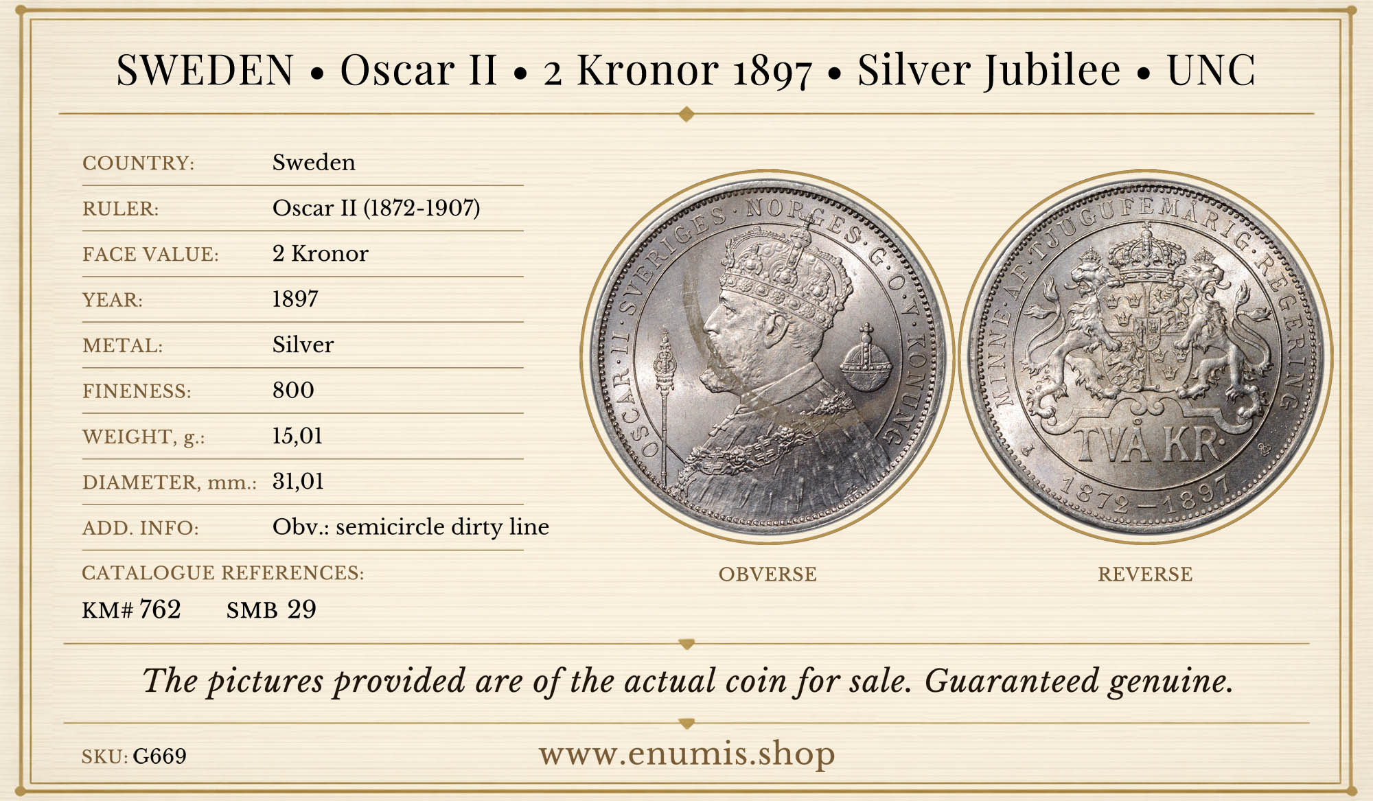 SWEDEN, Oscar II, 2 Kronor 1897, Silver Jubilee, UNC