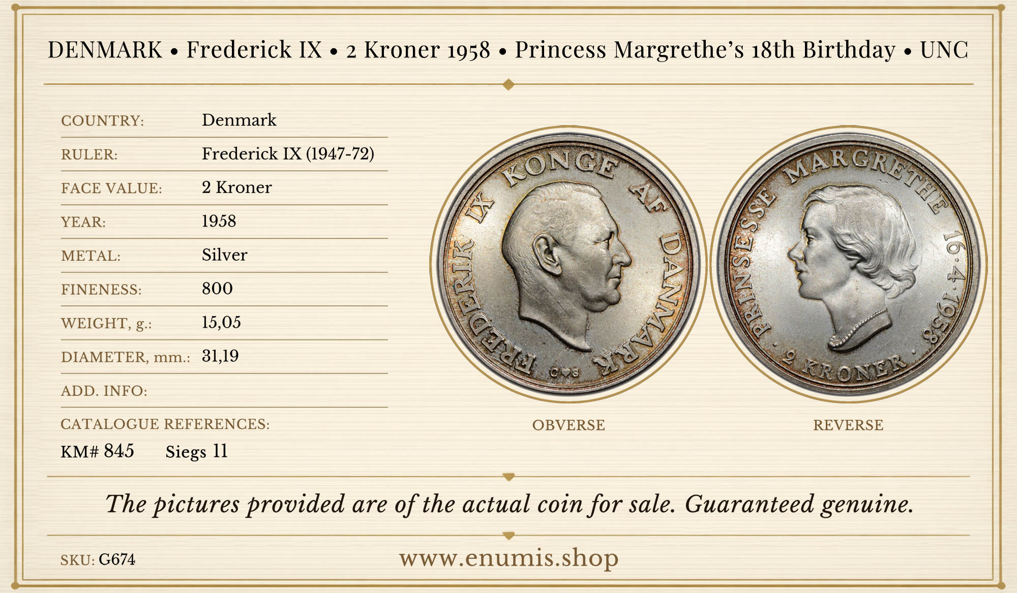 DENMARK, Frederick IX, 2 Kroner 1958, Princess Margrethe’s 18th Birthday, UNC DENMARK, Frederick IX, 2 Kroner 1958, Princess Margrethe’s 18th Birthday, UNC