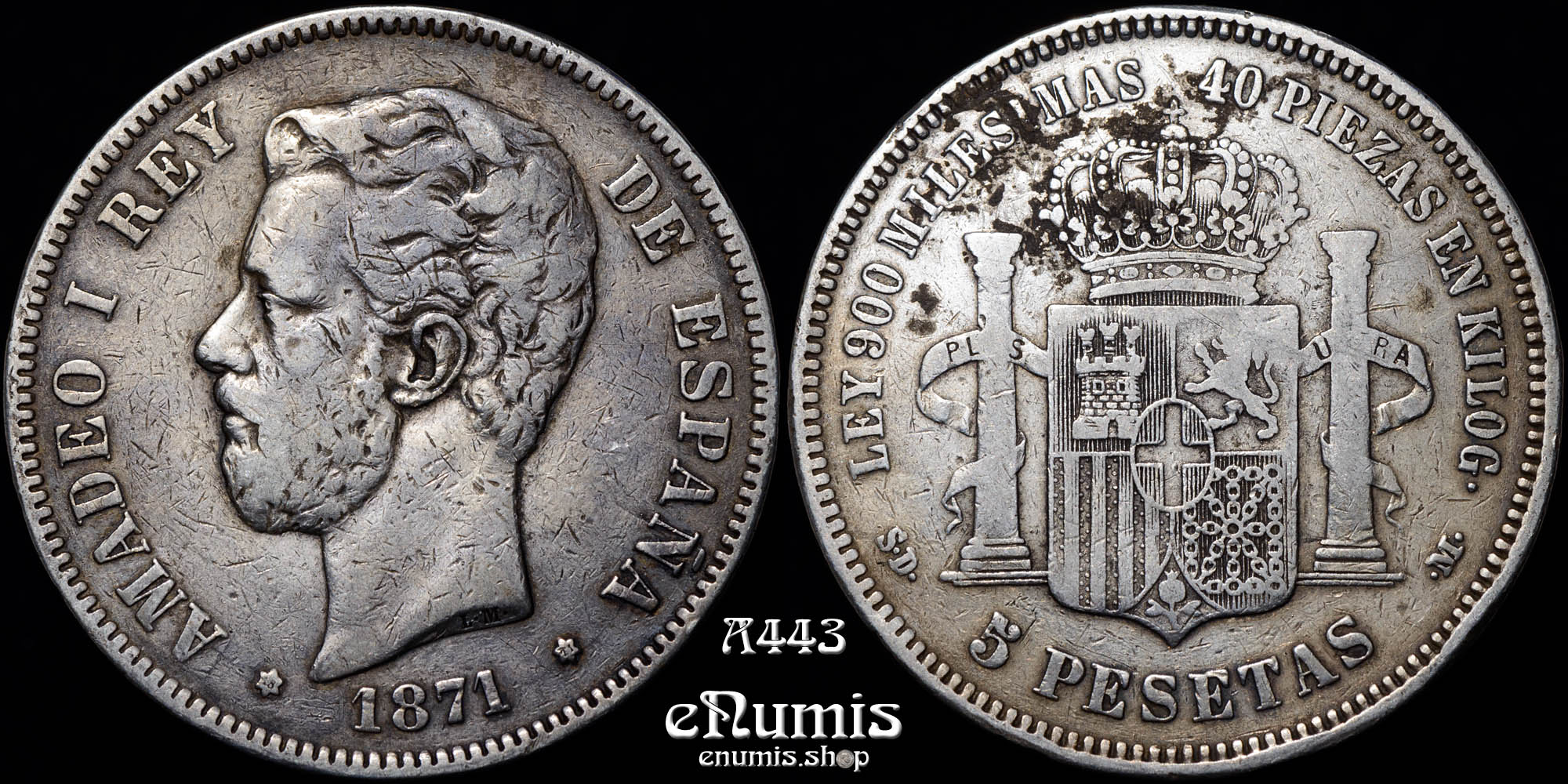 SPAIN, Amadeo I, 5 Pesetas 1871 SD-M, VF