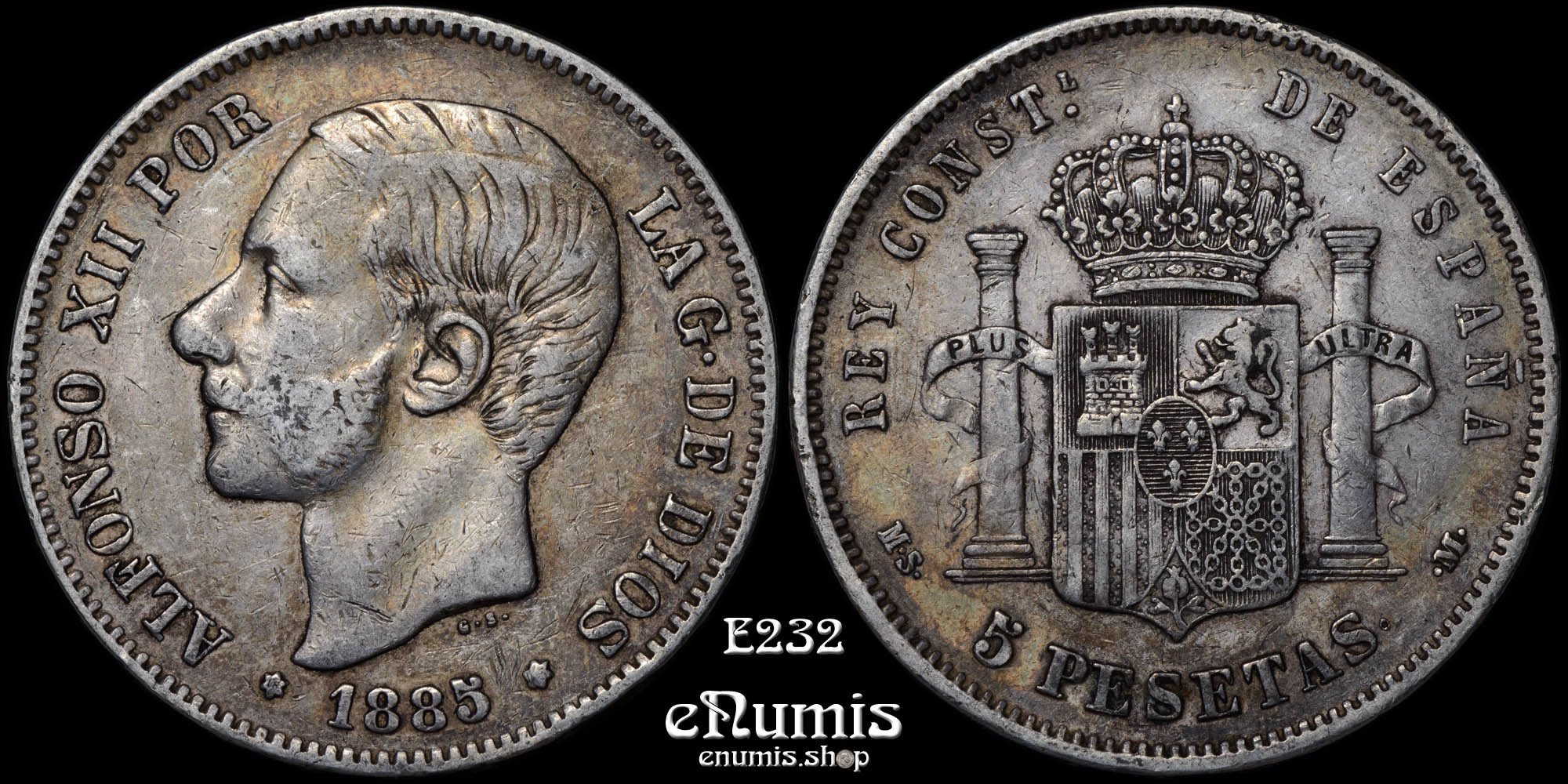 SPAIN, Alfonso XII, 5 Pesetas 1885 MS-M, toned, VF+ SPAIN, Alfonso XII, 5 Pesetas 1885 MS-M, toned, VF+