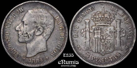 SPAIN, Alfonso XII, 5 Pesetas 1884 MS-M, toned, VF