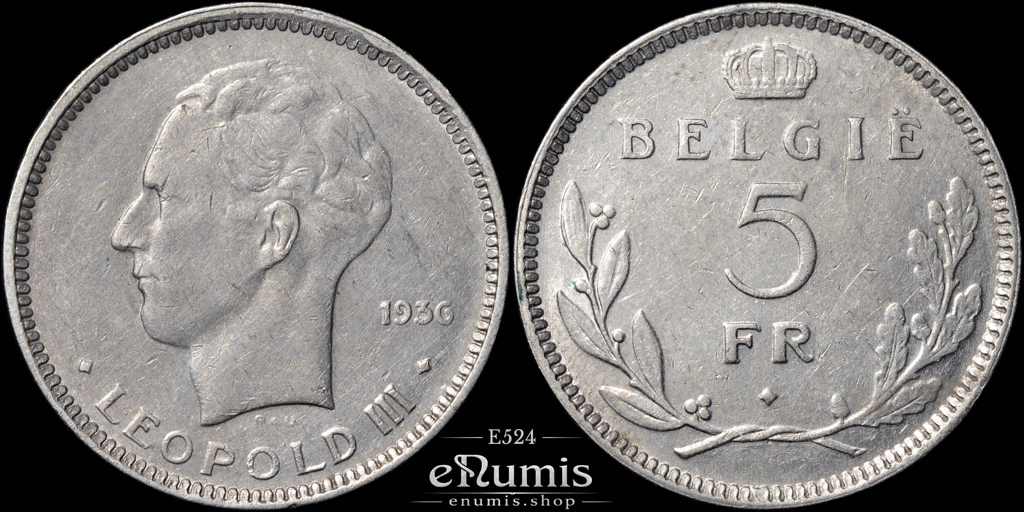 BELGIUM, Leopold III, 5 Francs 1936, BELGIE, XF-UNC