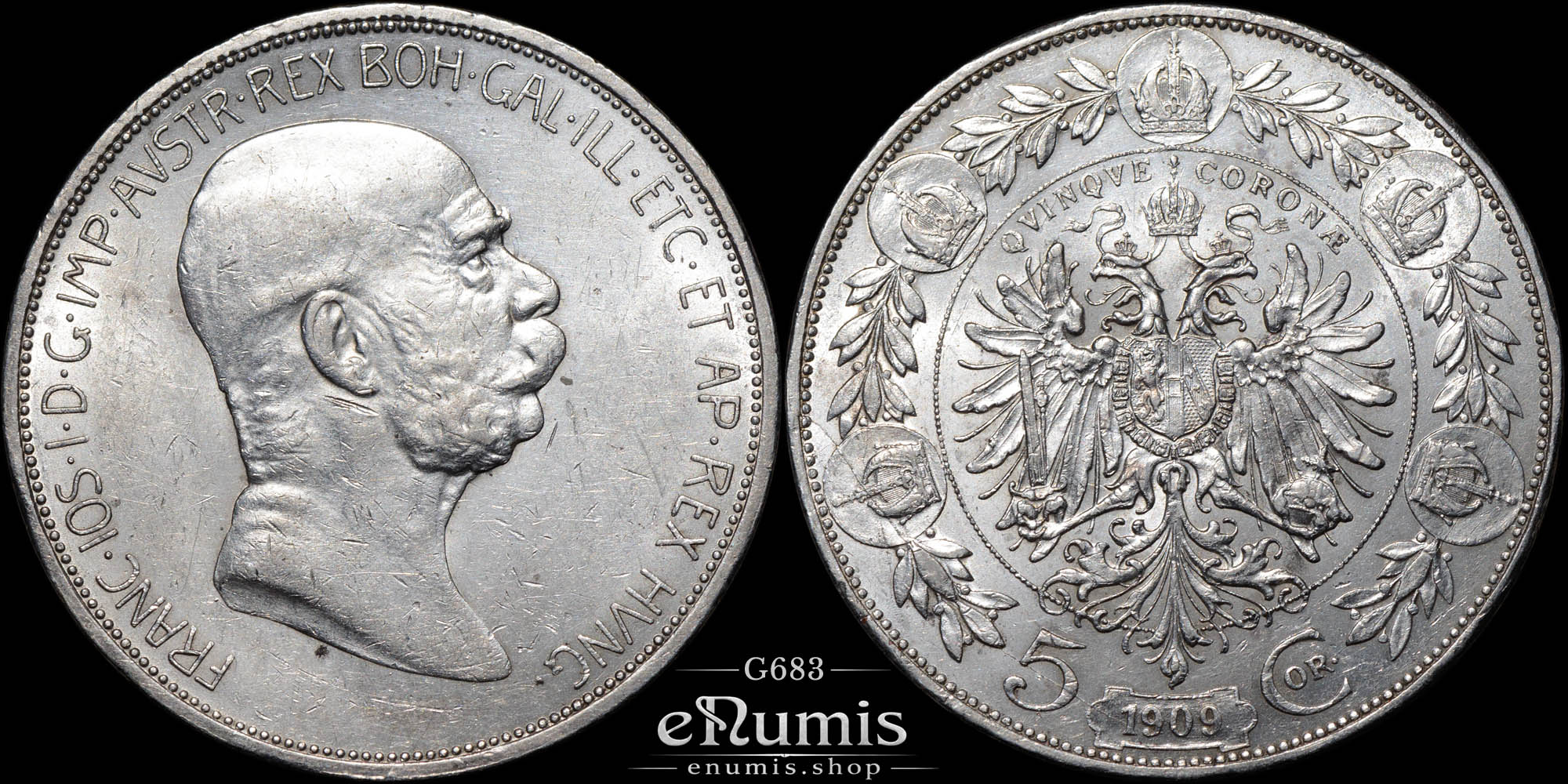 AUSTRIA, Franz Joseph I, 5 Corona 1909, XF-UNC/aUNC • • • 👍