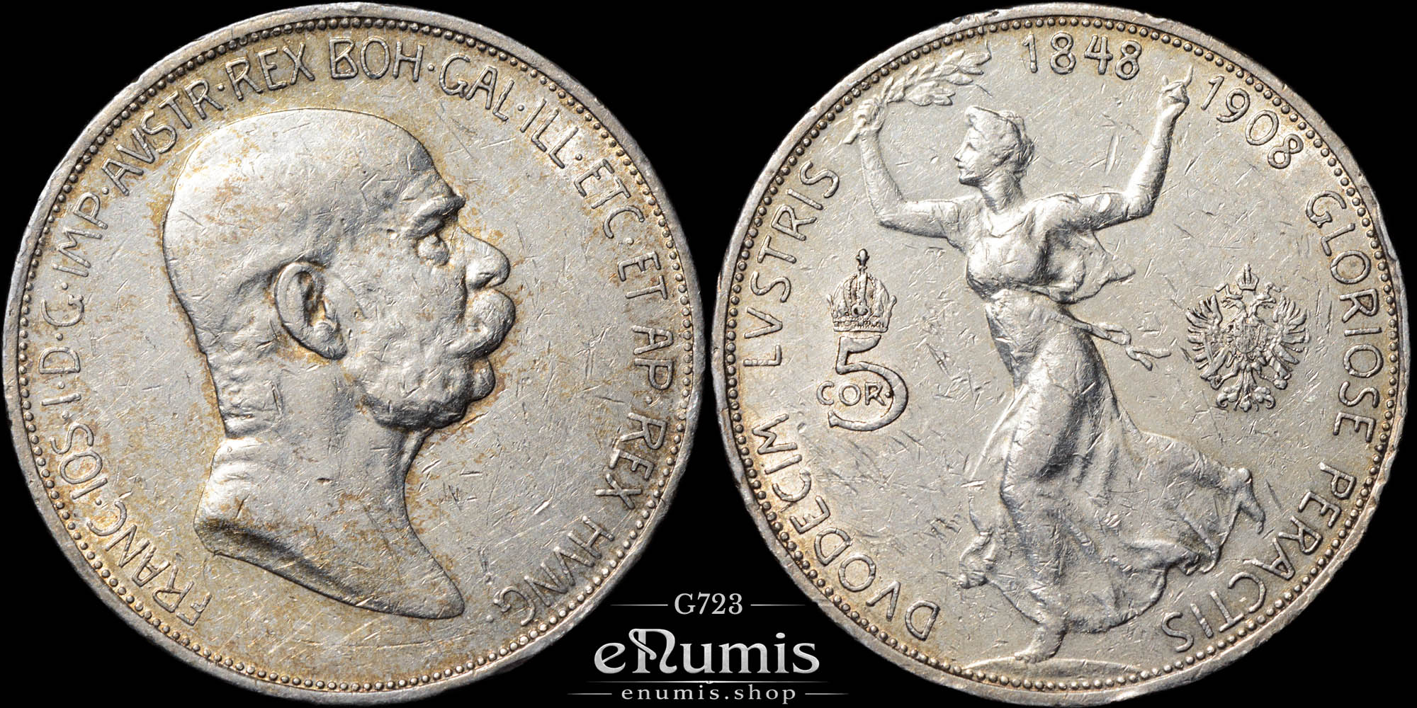 AUSTRIA, Franz Joseph I, 5 Corona 1908, 60th anniversary of reign, XF
