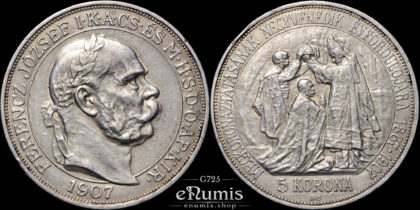 HUNGARY, Franz Joseph I, 5 Korona 1907, Coronation, XF+
