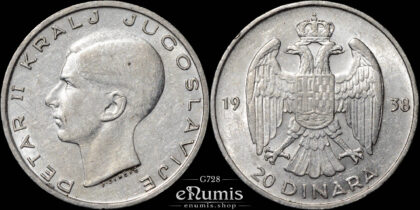 YUGOSLAVIA, Peter II, 20 Dinara 1938, aUNC