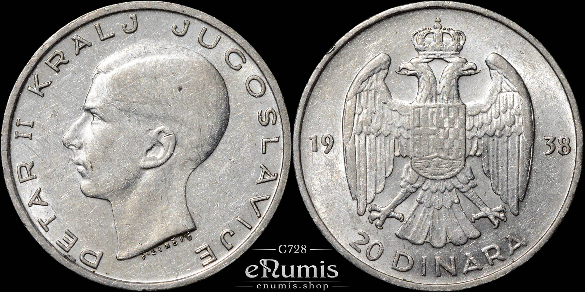 YUGOSLAVIA, Peter II, 20 Dinara 1938, aUNC YUGOSLAVIA, Peter II, 20 Dinara 1938, aUNC