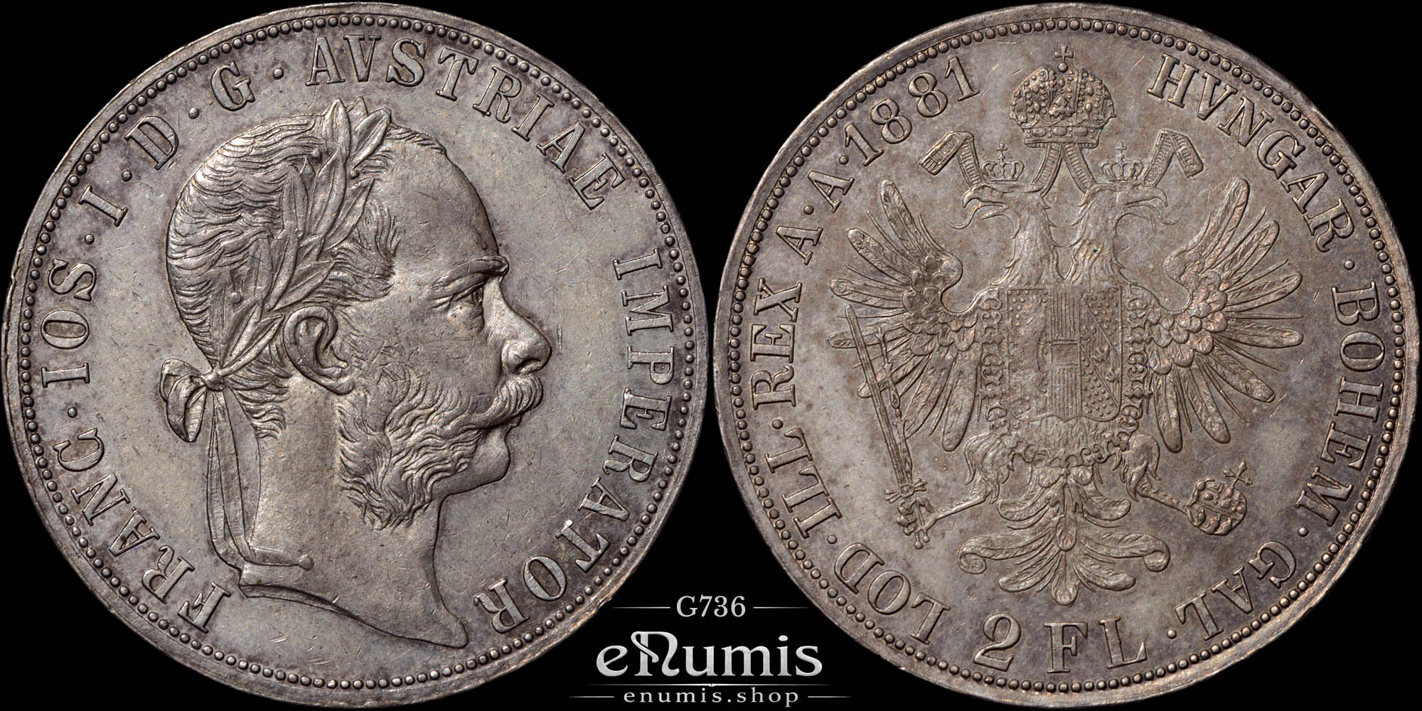 AUSTRIA, Franz Joseph I, 2 Florin Gulden 1881, UNC