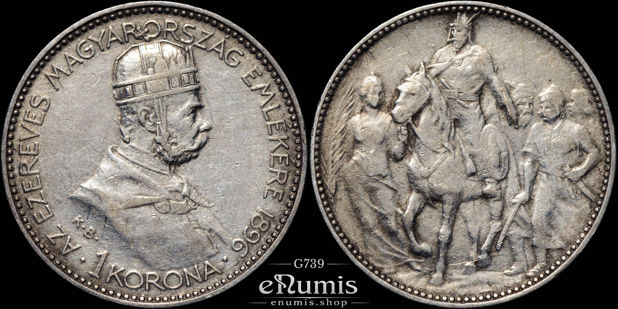 HUNGARY, Franz Joseph I, 1 Korona 1896, Millennium Commemorative, VF-XF HUNGARY, Franz Joseph I, 1 Korona 1896, Millennium Commemorative, VF-XF