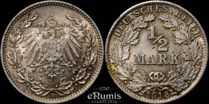 German Empire, 1/2 Mark 1918 D, Munich, UNC