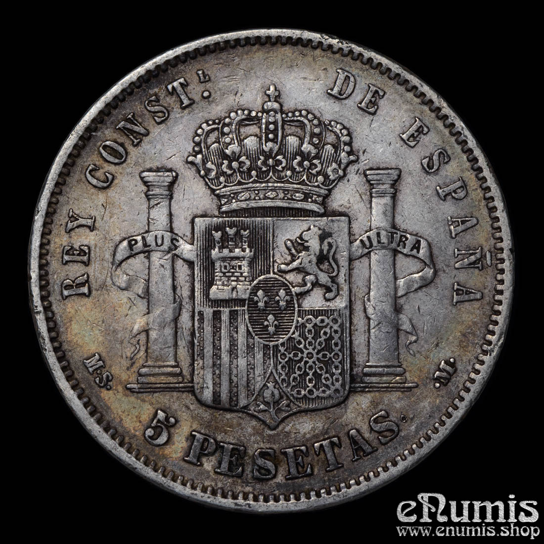 SPAIN, Alfonso XII, 5 Pesetas 1885 MS-M, toned, VF+ SPAIN, Alfonso XII, 5 Pesetas 1885 MS-M, toned, VF+