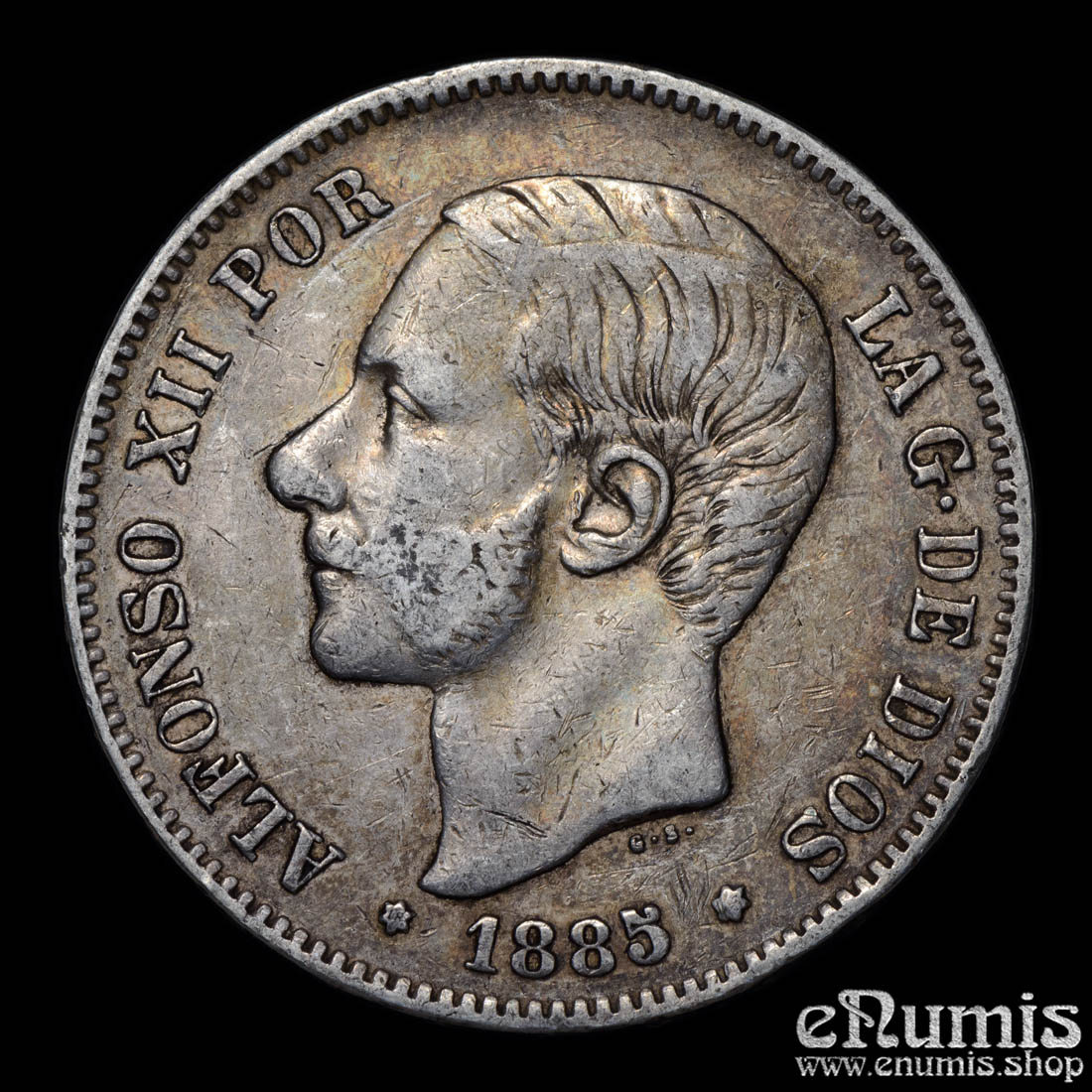 SPAIN, Alfonso XII, 5 Pesetas 1885 MS-M, toned, VF+ SPAIN, Alfonso XII, 5 Pesetas 1885 MS-M, toned, VF+