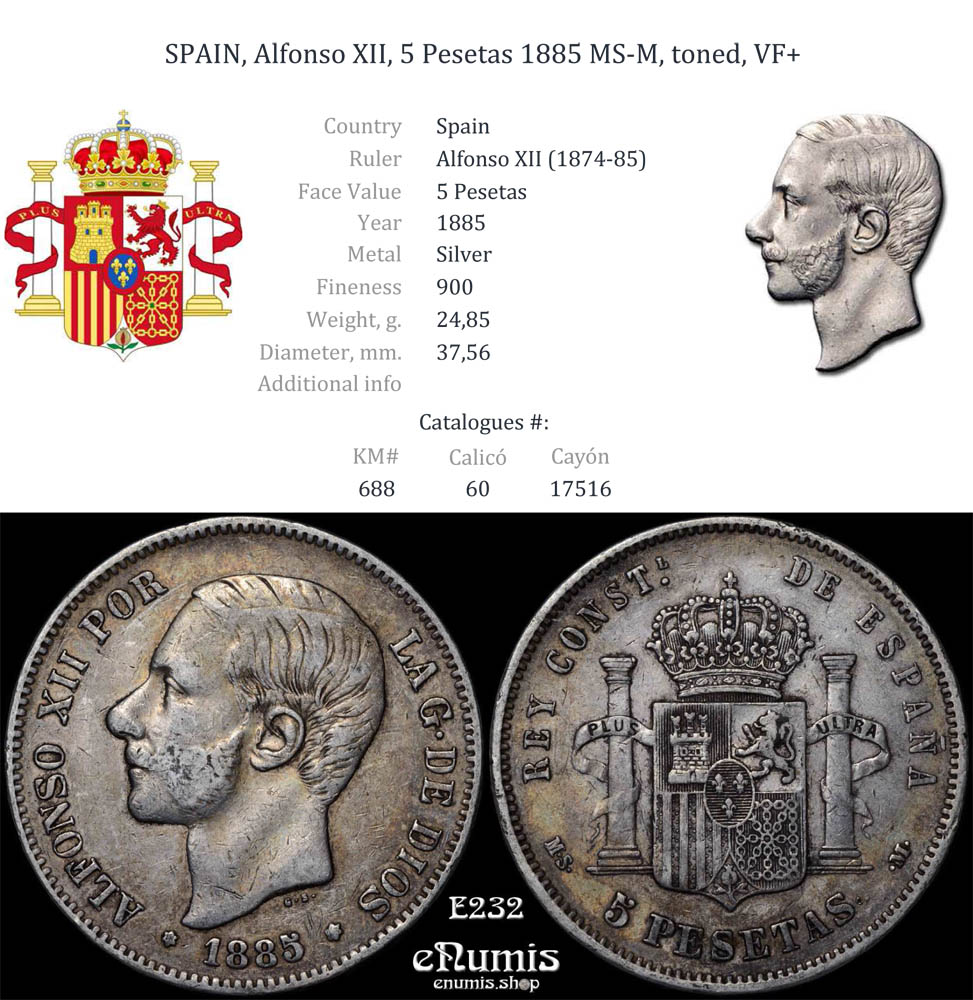 SPAIN, Alfonso XII, 5 Pesetas 1885 MS-M, toned, VF+ SPAIN, Alfonso XII, 5 Pesetas 1885 MS-M, toned, VF+