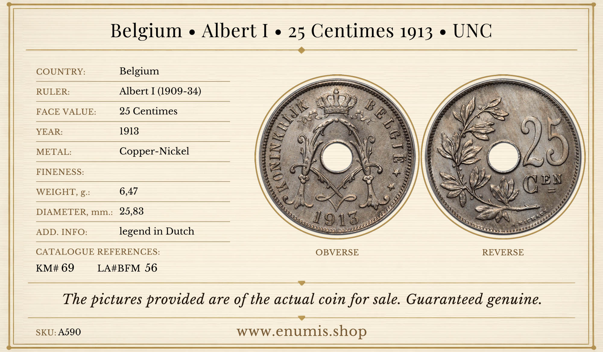 BELGIUM, Albert I, 25 Centimes 1913, UNC BELGIUM, Albert I, 25 Centimes 1913, UNC