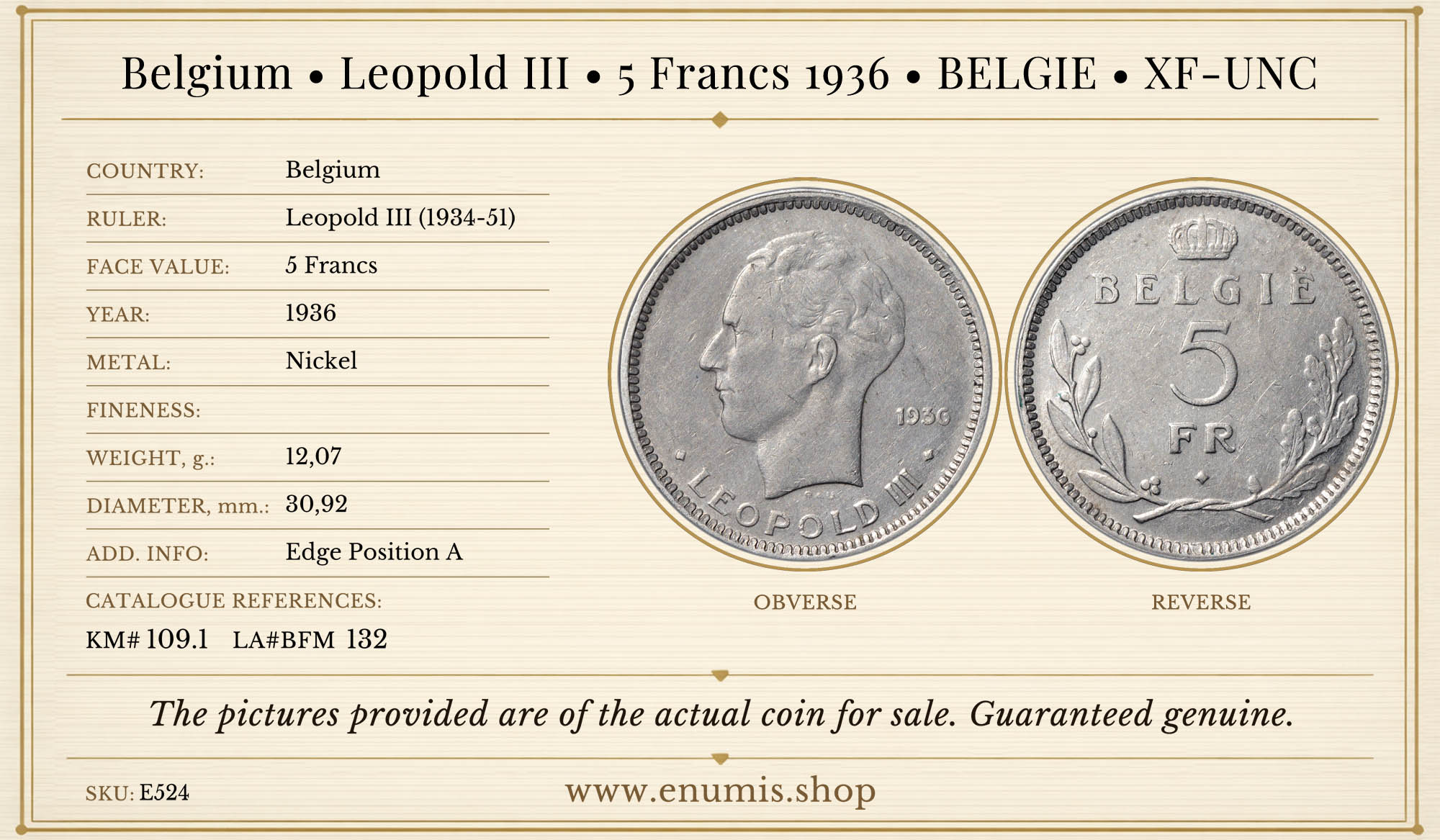 BELGIUM, Leopold III, 5 Francs 1936, BELGIE, XF-UNC