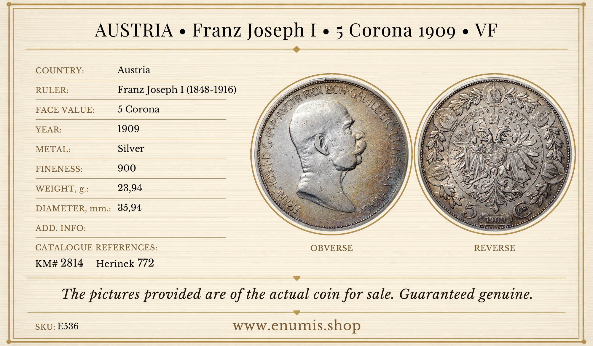 AUSTRIA, Franz Joseph I, 5 Corona 1909, VF AUSTRIA, Franz Joseph I, 5 Corona 1909, VF