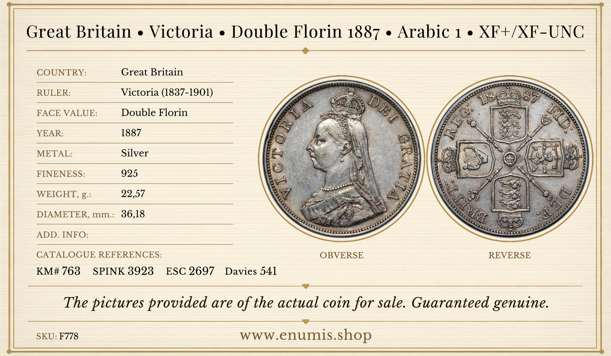 Great Britain, Victoria, Double Florin 1887, Arabic 1, XF+/XF-UNC