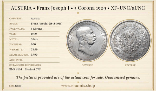 AUSTRIA, Franz Joseph I, 5 Corona 1909, XF-UNC/aUNC • • • 👍