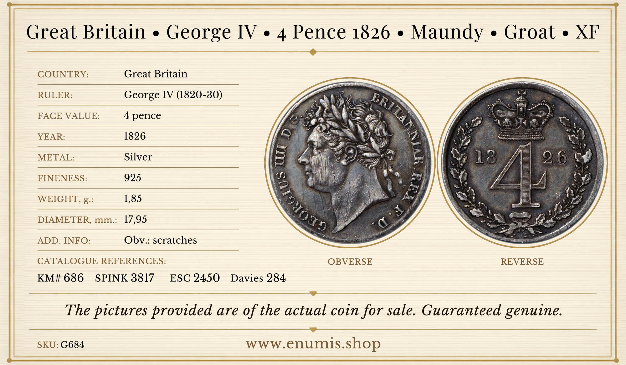 Great Britain, George IV, 4 Pence 1826, Maundy, Groat, XF Great Britain, George IV, 4 Pence 1826, Maundy, Groat, XF
