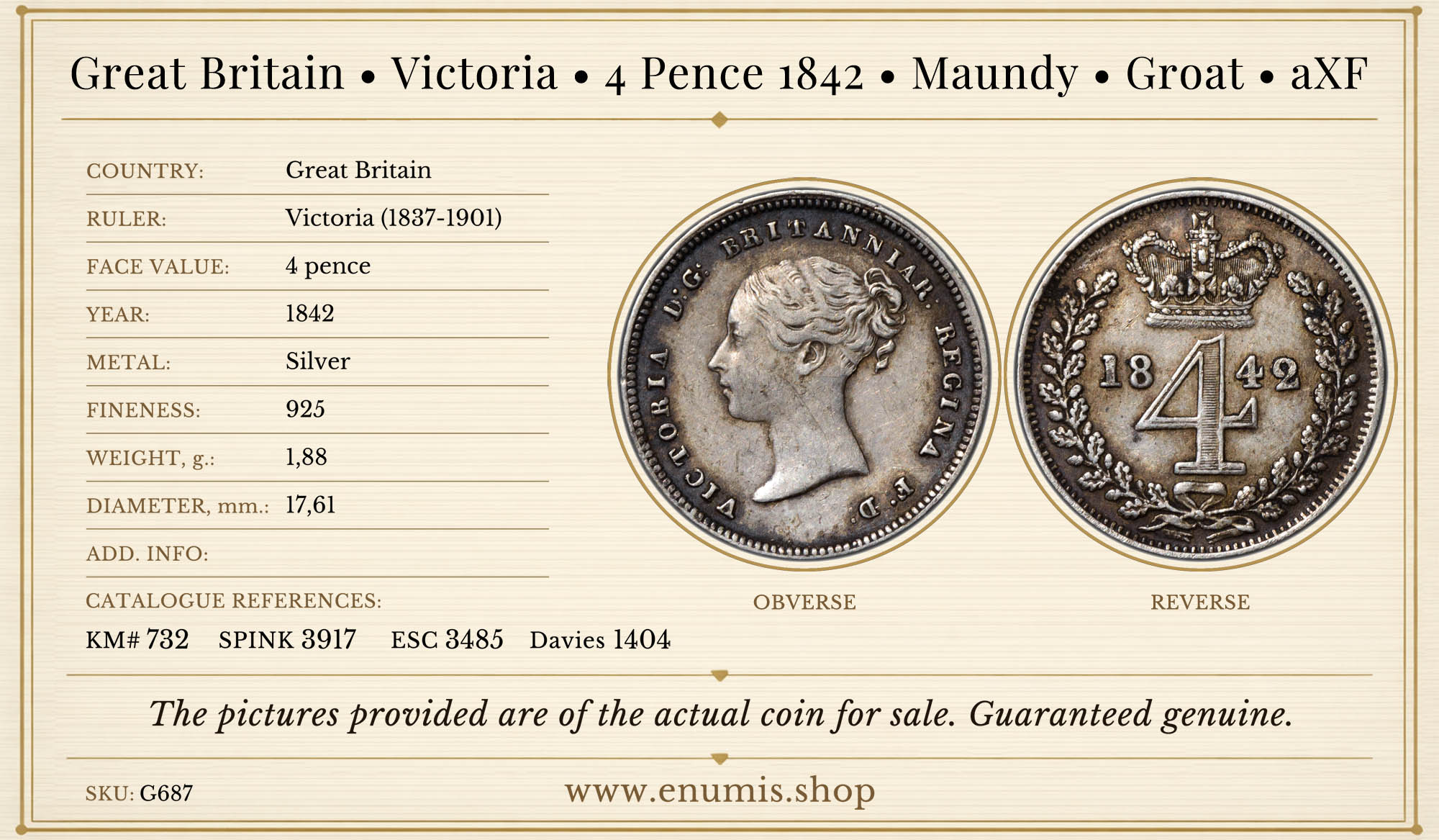 Great Britain, Victoria, 4 Pence 1842, Maundy, Groat, aXF