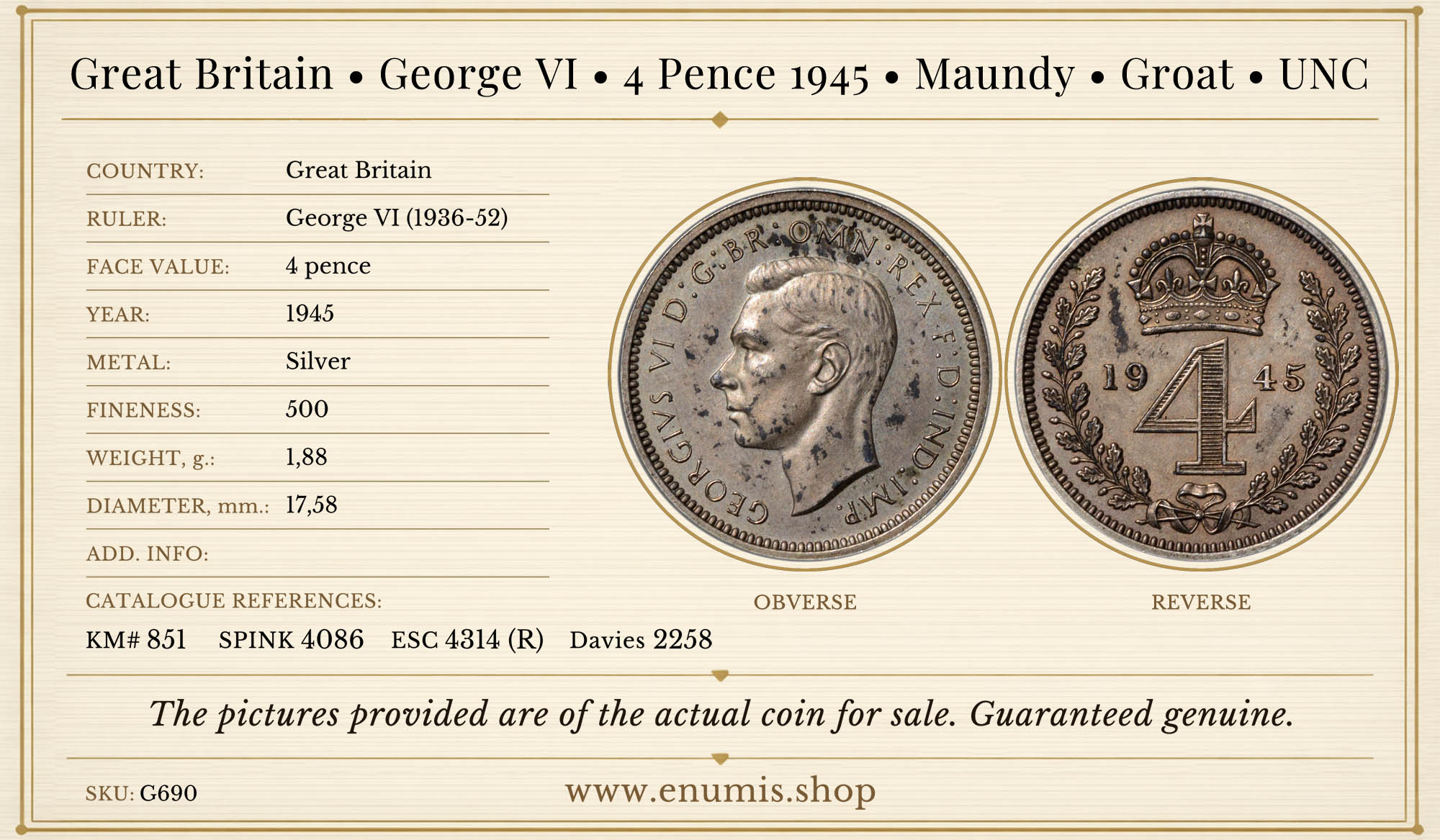 Great Britain, George VI, 4 Pence 1945, Maundy, Groat, UNC