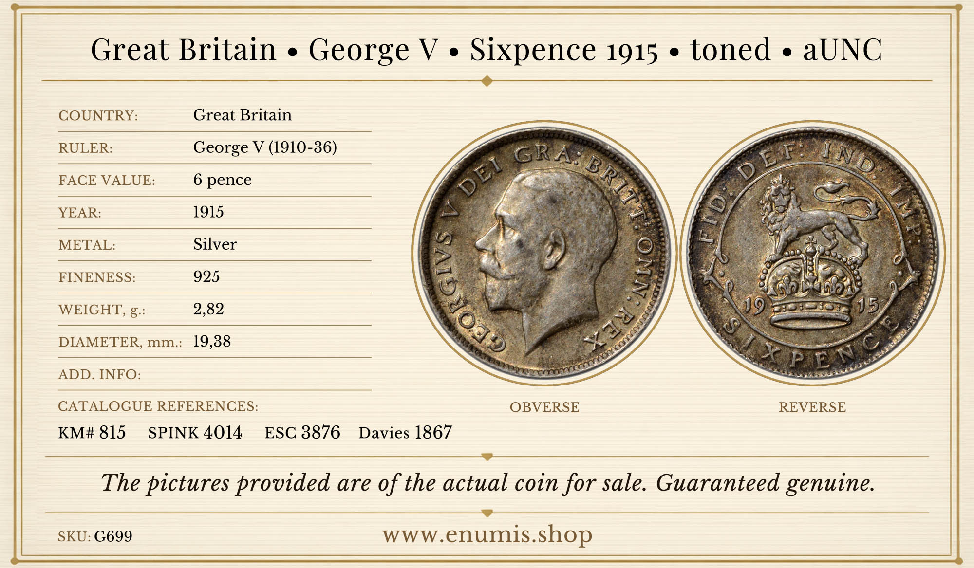 Great Britain, George V, Sixpence 1915, toned, aUNC