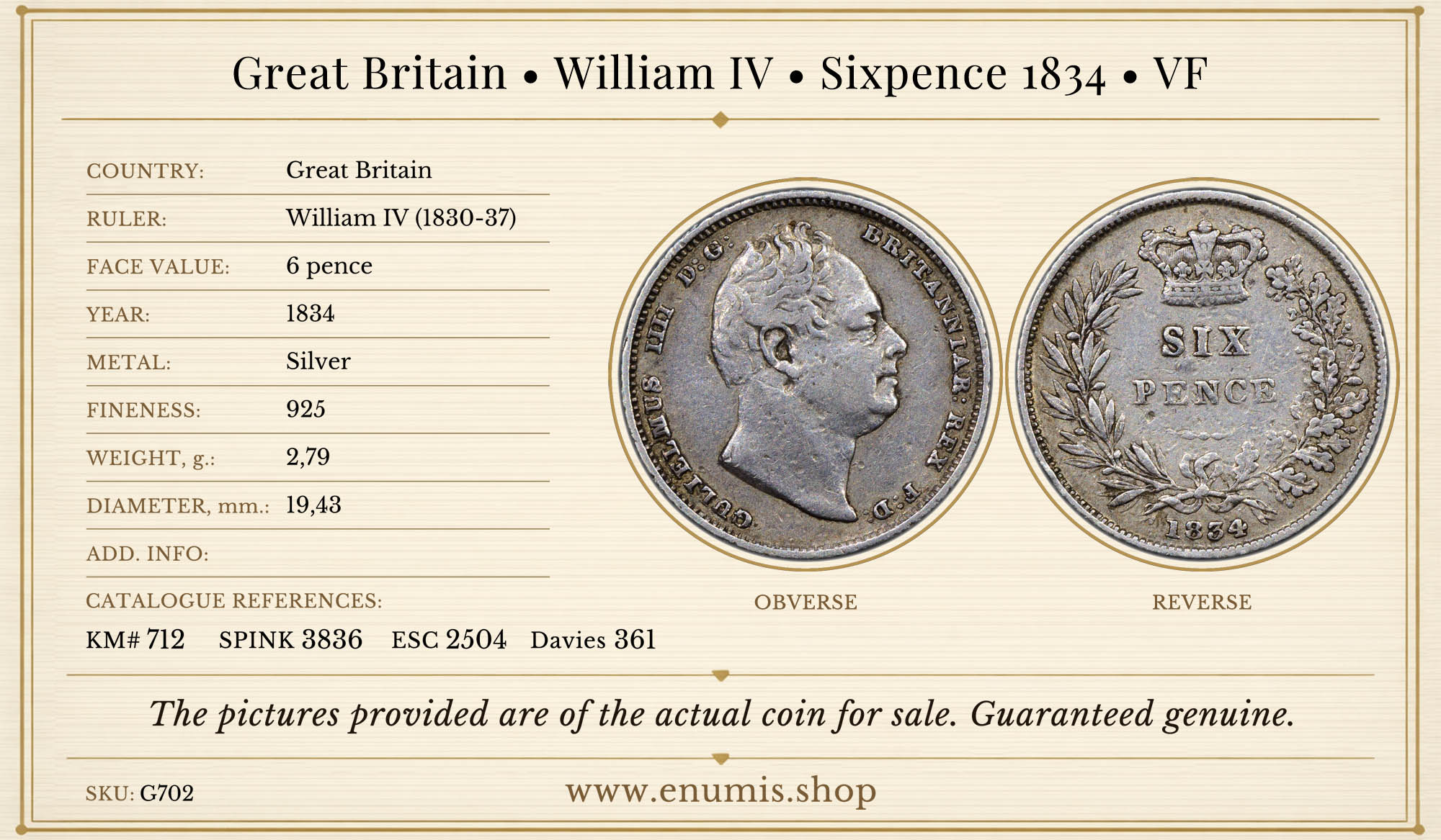 Great Britain, William IV, Sixpence 1834, VF Great Britain, William IV, Sixpence 1834, VF