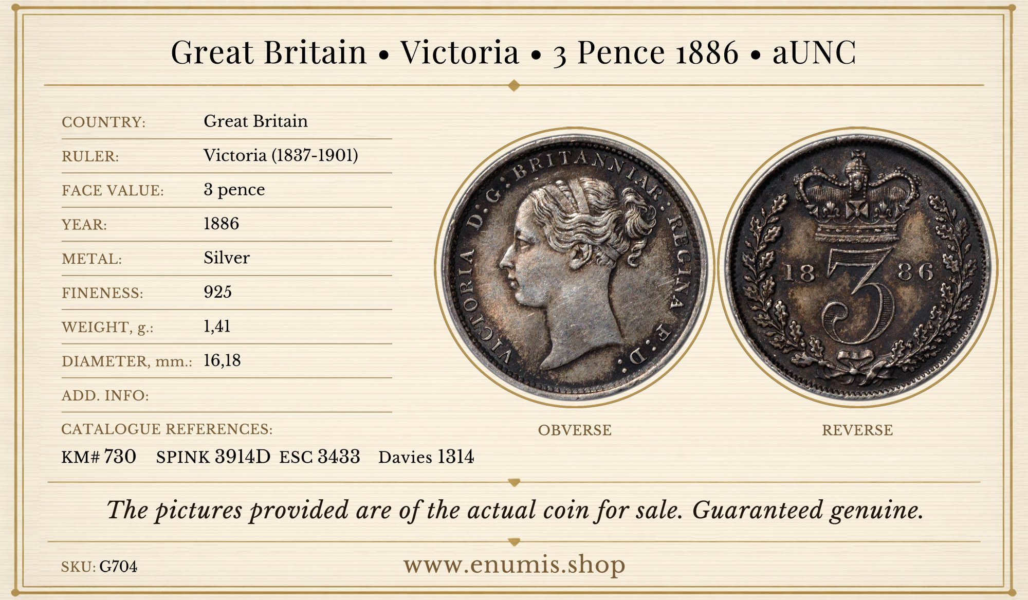 Great Britain, Victoria, 3 Pence 1886, aUNC Great Britain, Victoria, 3 Pence 1886, aUNC