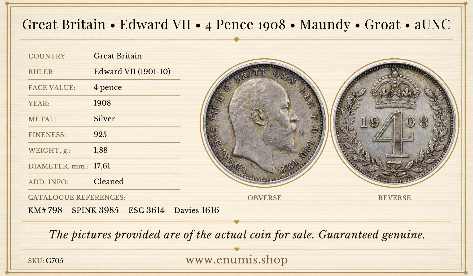Great Britain, Edward VII, 4 Pence 1908, Maundy, Groat, aUNC Great Britain, Edward VII, 4 Pence 1908, Maundy, Groat, aUNC