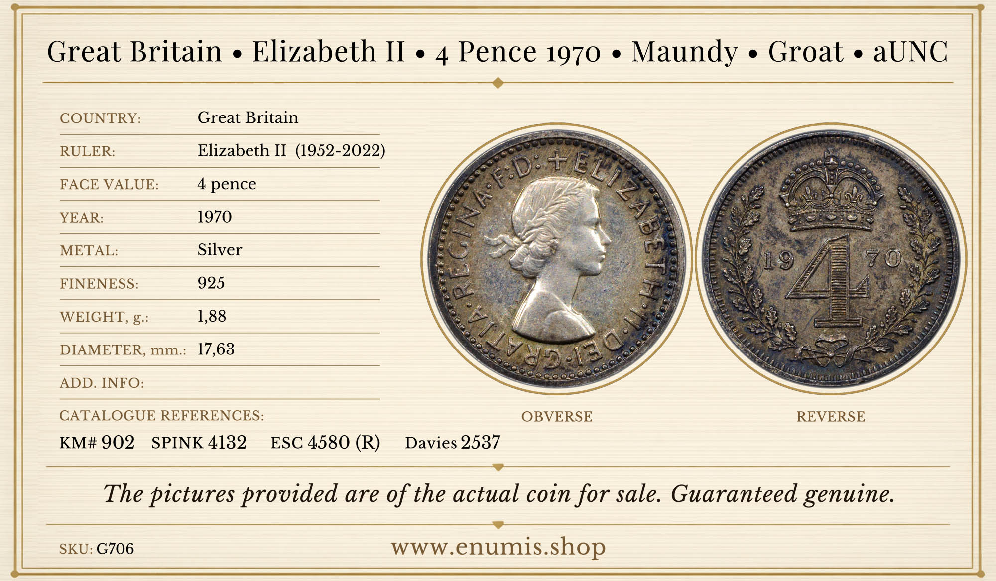 Great Britain, Elizabeth II, 4 Pence 1970, Maundy, Groat, aUNC Great Britain, Elizabeth II, 4 Pence 1970, Maundy, Groat, aUNC
