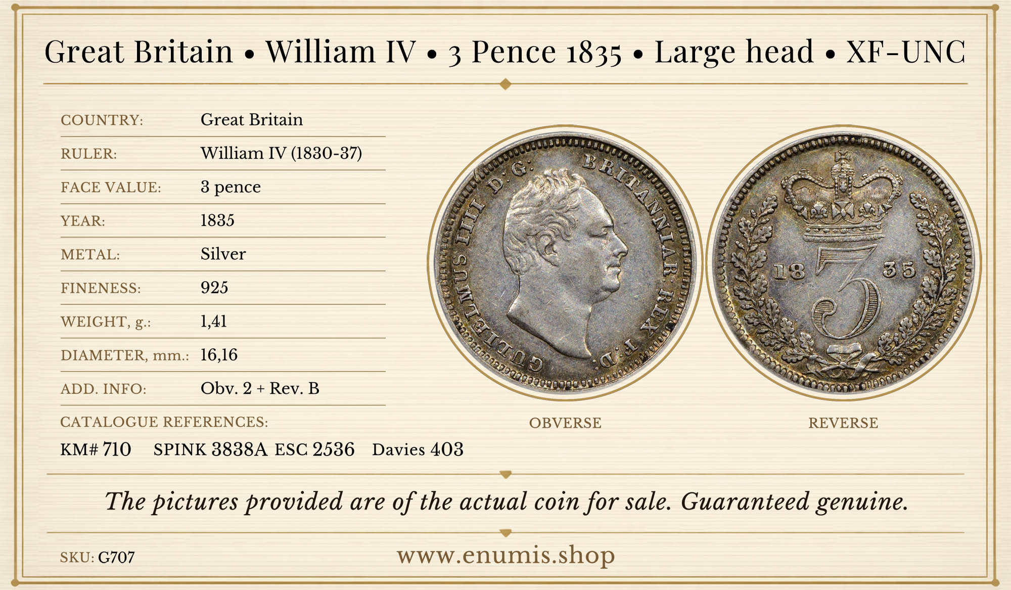 Great Britain, William IV, 3 Pence 1835, Large head, XF-UNC