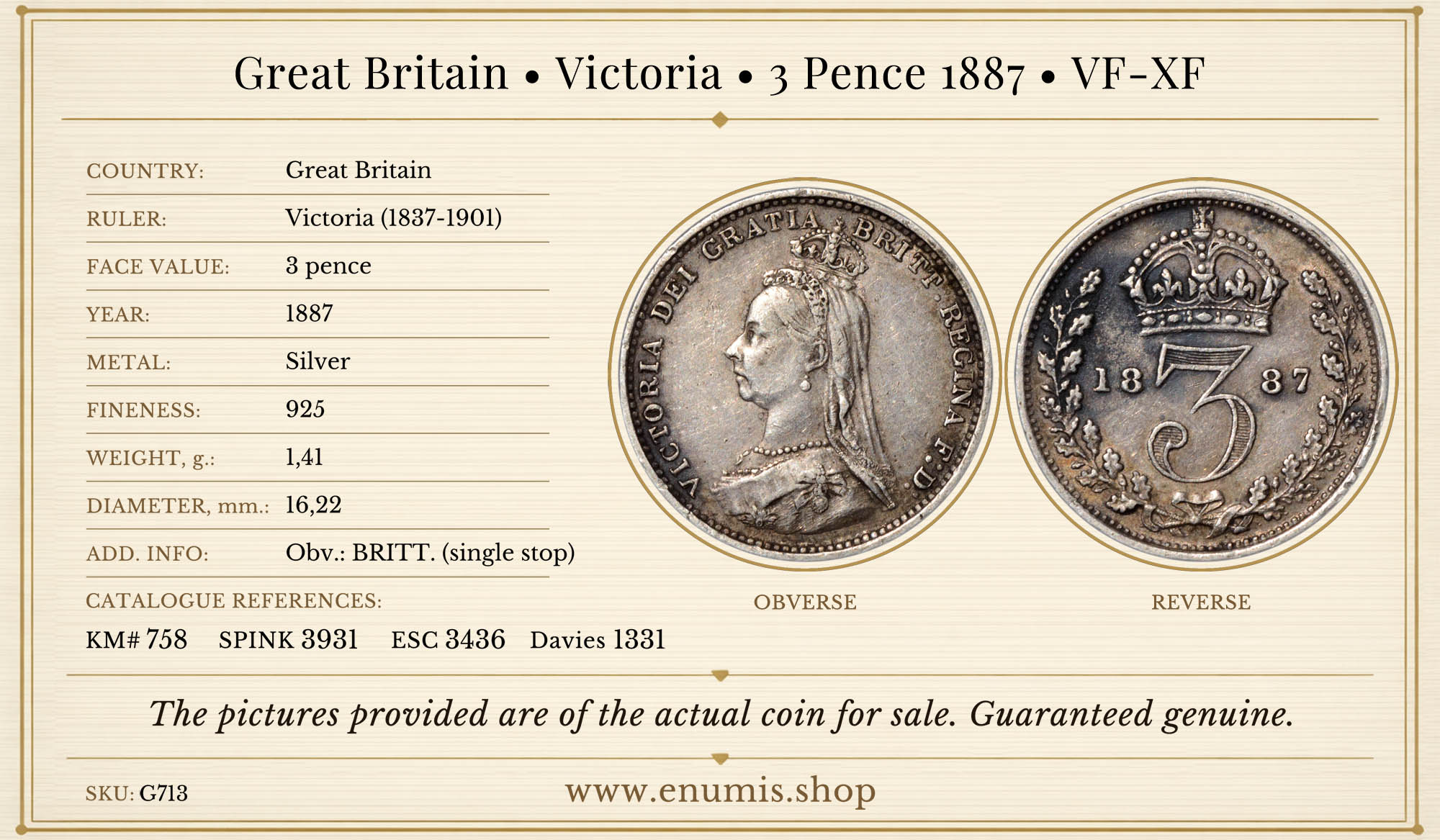 Great Britain, Victoria, 3 Pence 1887, VF-XF Great Britain, Victoria, 3 Pence 1887, VF-XF
