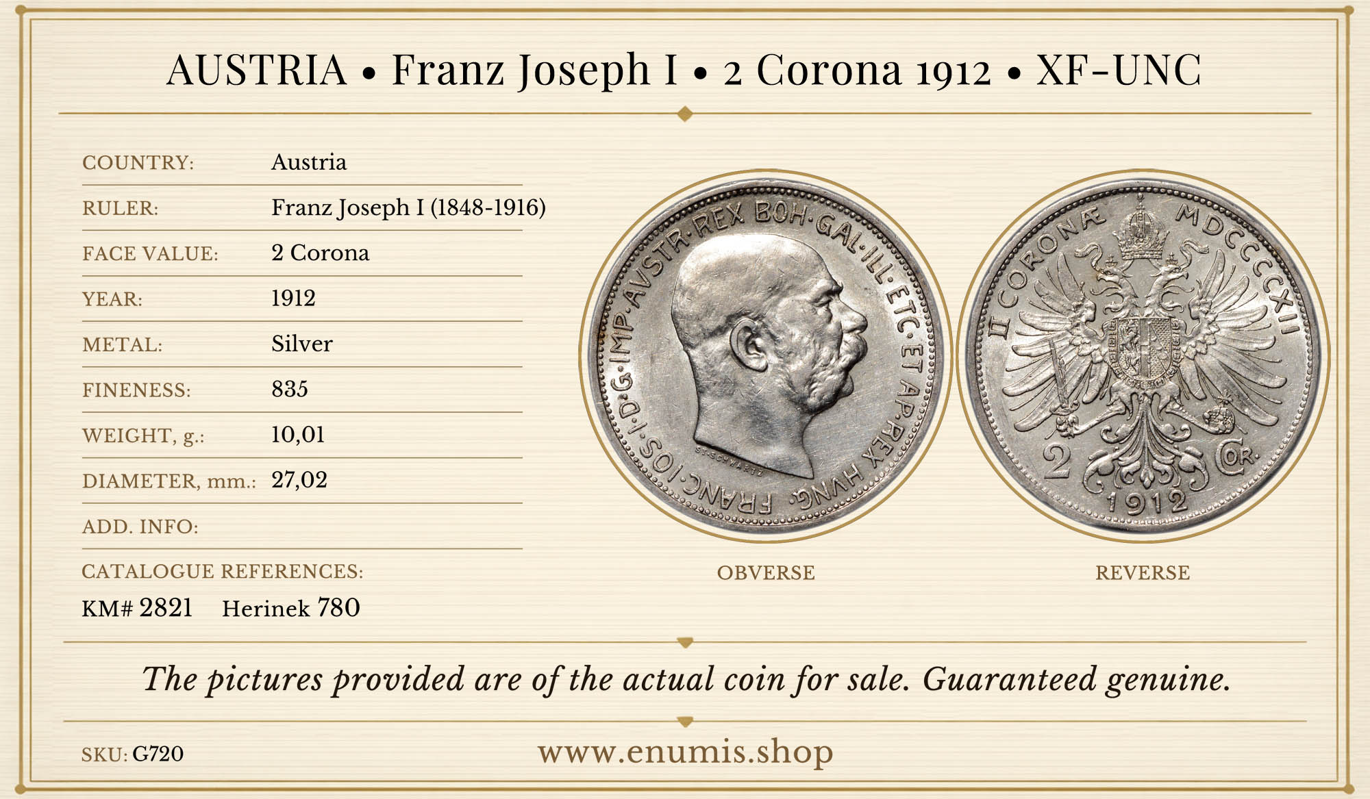 AUSTRIA, Franz Joseph I, 2 Corona 1912, XF-UNC