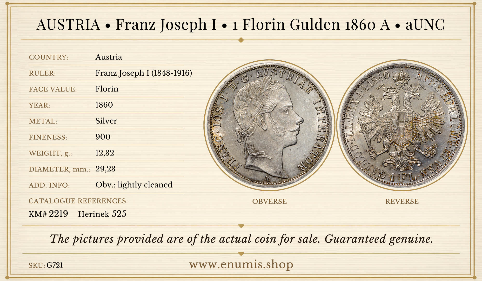 AUSTRIA, Franz Joseph I, 1 Florin Gulden 1860 A, aUNC AUSTRIA, Franz Joseph I, 1 Florin Gulden 1860 A, aUNC