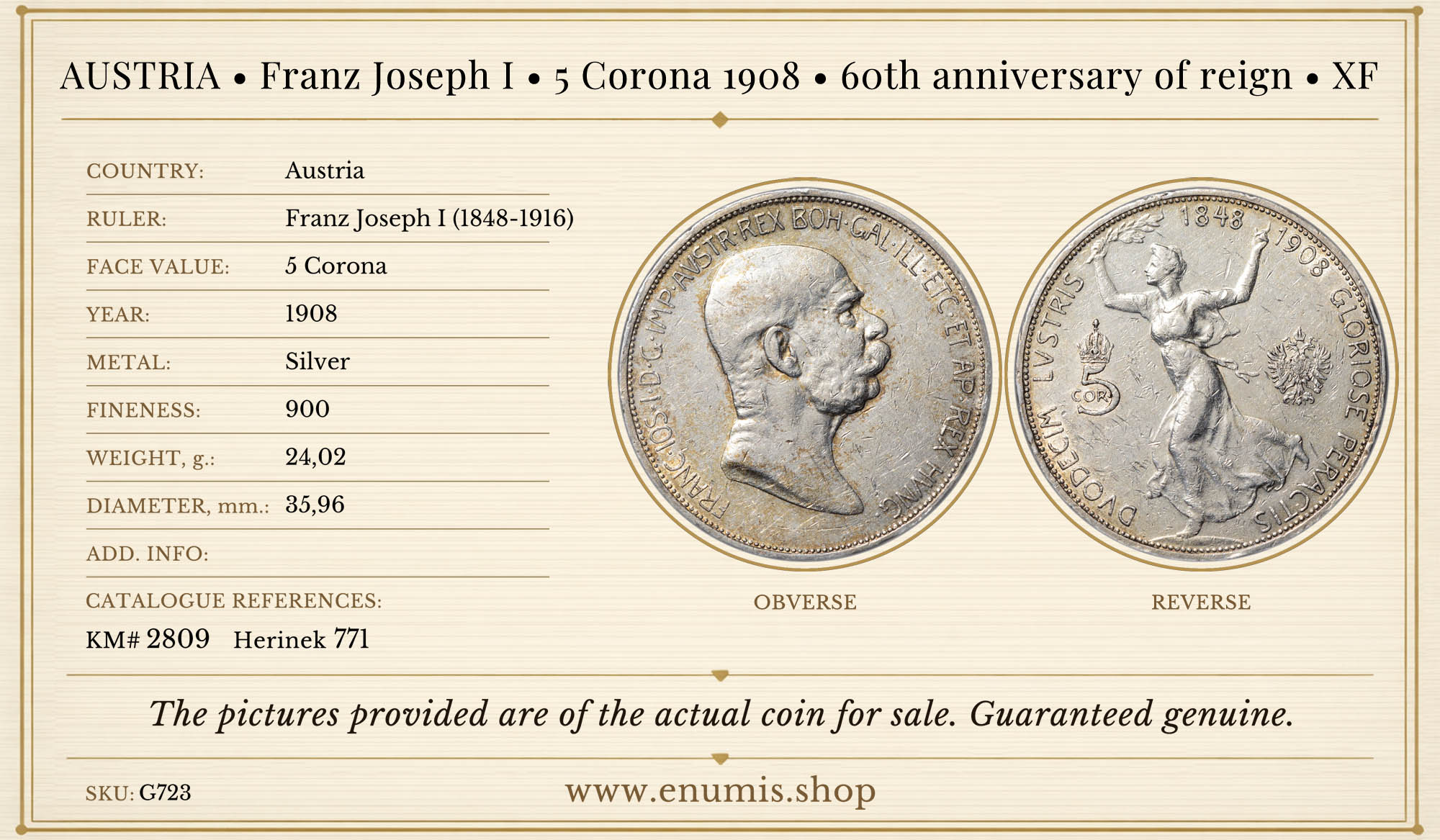 AUSTRIA, Franz Joseph I, 5 Corona 1908, 60th anniversary of reign, XF
