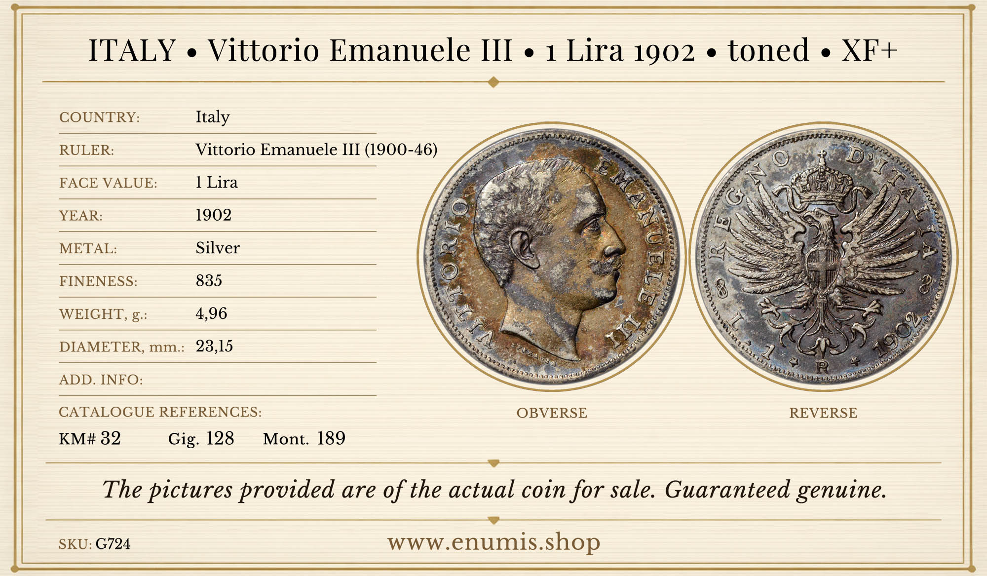 ITALY, Vittorio Emanuele III, 1 Lira 1902, toned, XF+ ITALY, Vittorio Emanuele III, 1 Lira 1902, toned, XF+