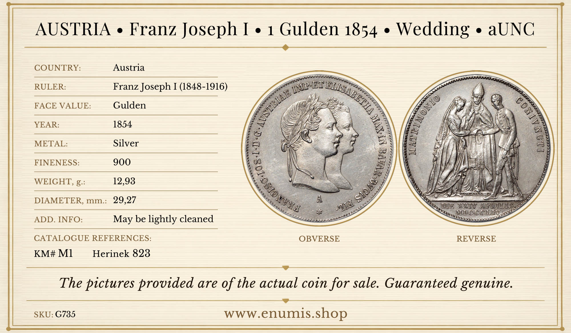 AUSTRIA, Franz Joseph I, 1 Gulden 1854, Wedding, aUNC AUSTRIA, Franz Joseph I, 1 Gulden 1854, Wedding, aUNC