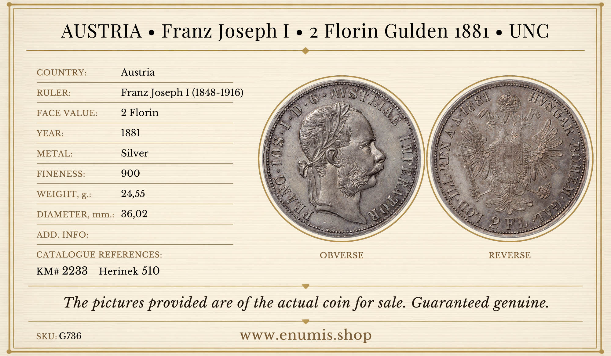 AUSTRIA, Franz Joseph I, 2 Florin Gulden 1881, UNC