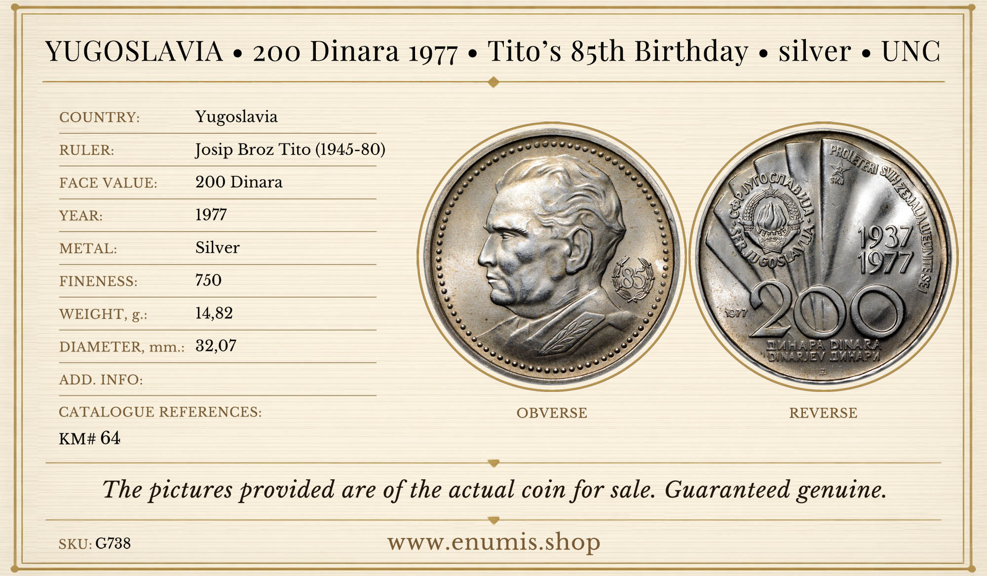 YUGOSLAVIA, 200 Dinara 1977, Tito’s 85th Birthday, silver, UNC YUGOSLAVIA, 200 Dinara 1977, Tito’s 85th Birthday, silver, UNC
